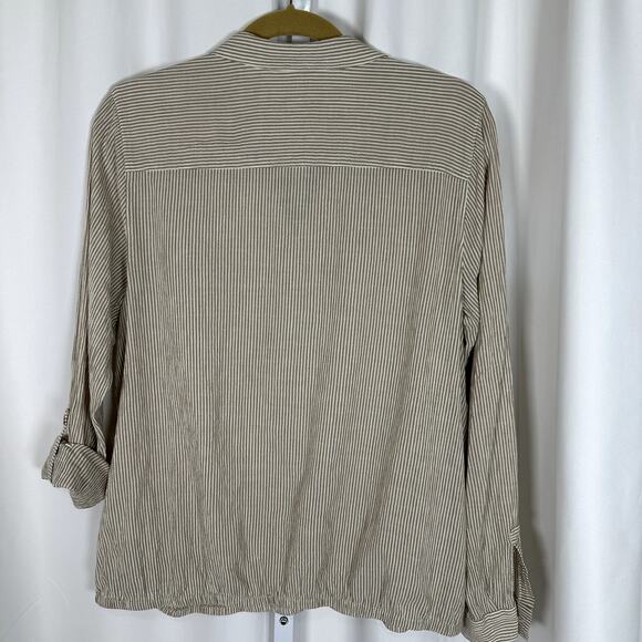 J.Jill Collared Tan Ticking Stripe Cotton Faux Wrap Front Shirt Size Medium - Picture 5 of 8